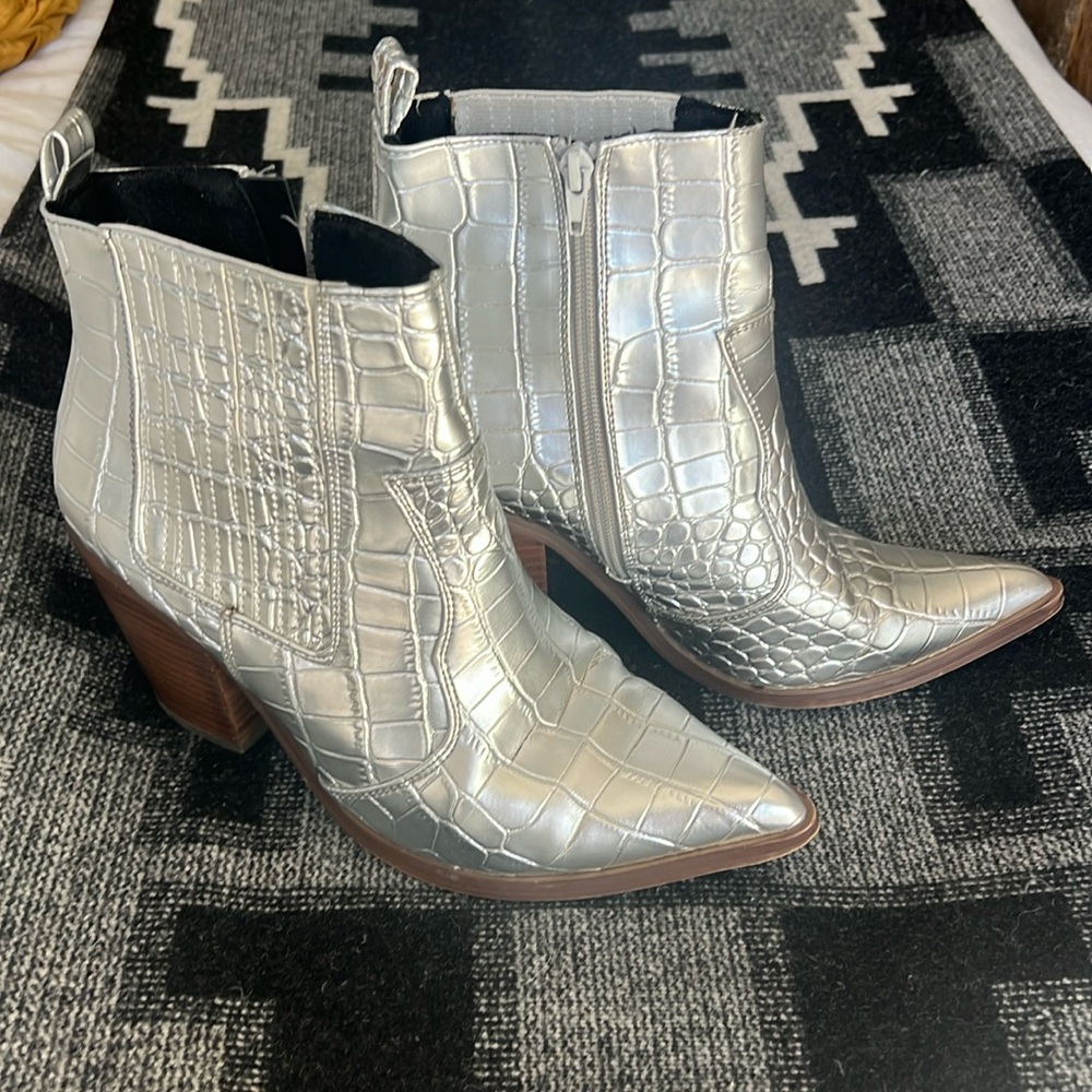 ASOS silver faux snake heeled bootie